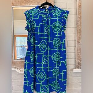 Jude Connally Blue and Green Bamboo Lattice Design Dress